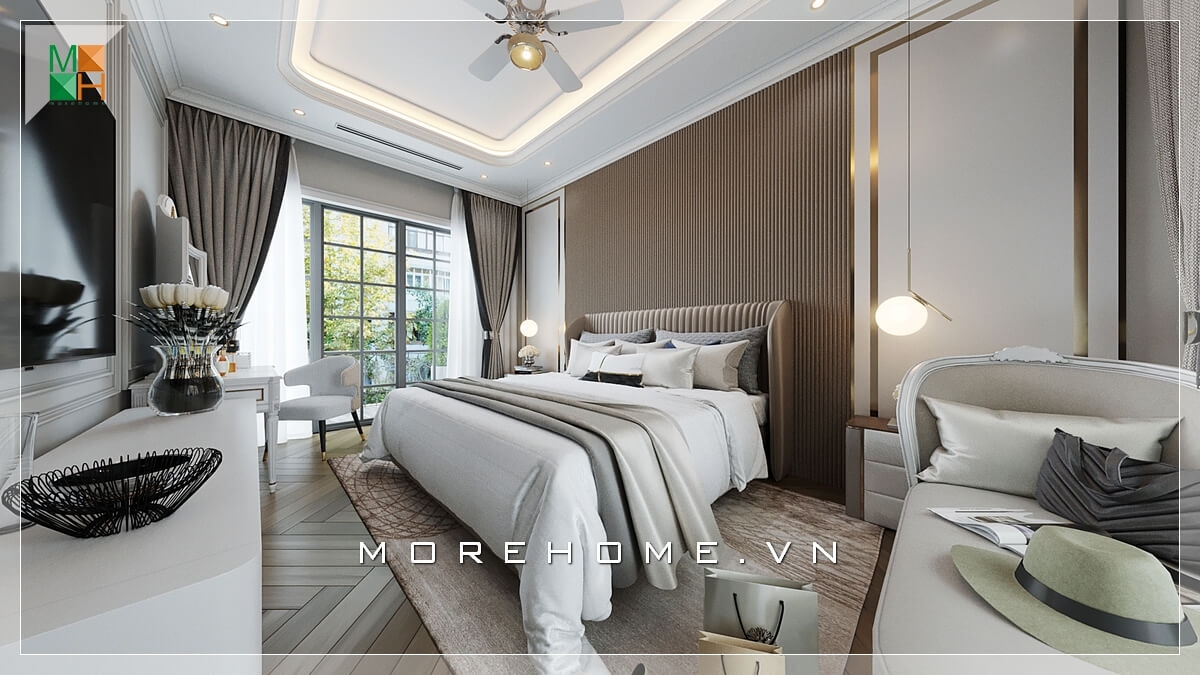 Mẫu giường ngủ bọc da đầu giường là trung tâm của phòng ngủ hiện đại trong thiết kế biệt thự, nhà phố cao cấp, sang trọng.